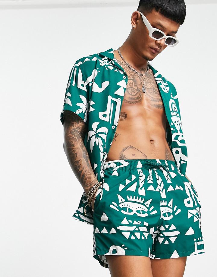 Asos Design Swim Short With Holiday Aztec Print Short Length - Part Of A Set-green