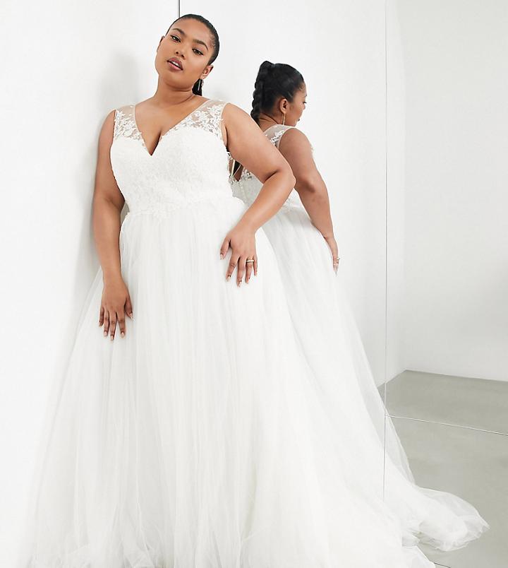 Asos Edition Curve Tiana Delicate Embroidered Bodice Wedding Dress With V Back-white