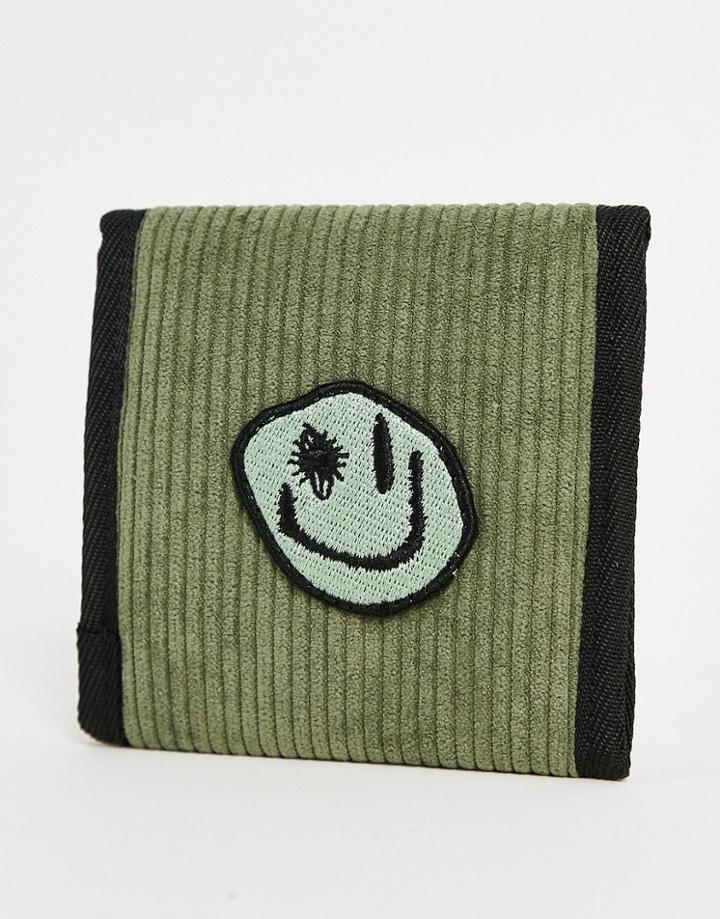 Asos Design Cord Wallet In Khaki With Smile Badge-green