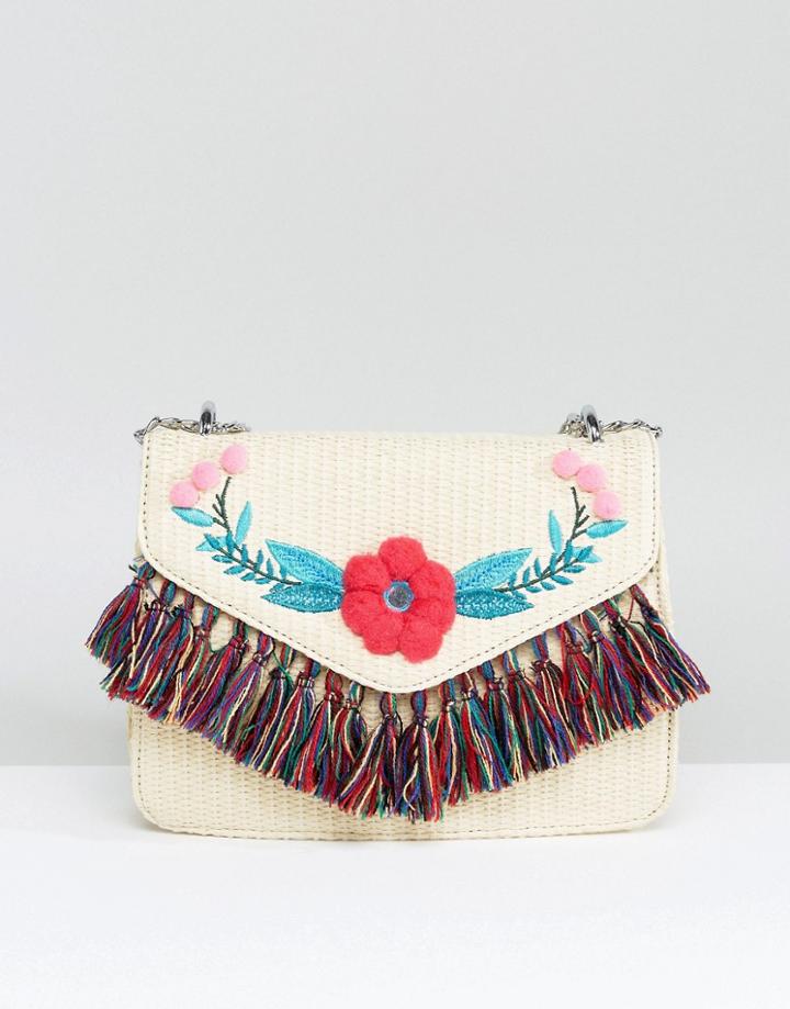 Skinnydip Straw Cross Body Bag With Pom And Tassel Detail - Beige
