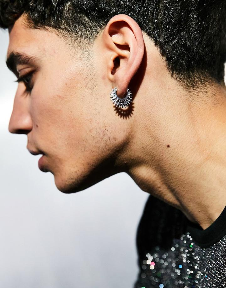 Asos Design Mini Double Hoops Earrings With Spikes In Silver Tone