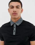 Asos Design Organic Cotton Polo With Woven Printed Collar - Black