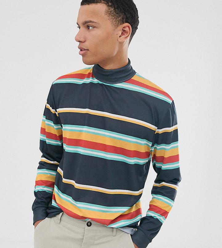 Asos Design Tall Relaxed Long Sleeve Stripe T-shirt With Roll Neck-multi