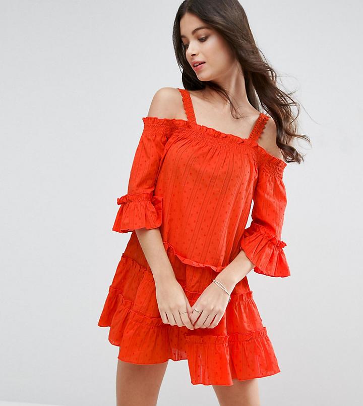 Asos Petite Dobby Spot Tiered Cold Shoulder Mini Sundress - Orange