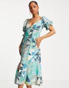 Miss Selfridge Bust Detail Midi Dress In Patchwork Floral-blue