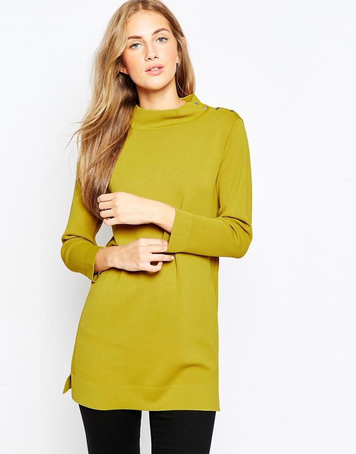Asos Structured Knit Tunic With Button Up High Neck - Chartreuse