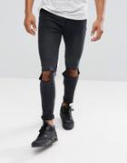 Boohooman Super Skinny Jeans With Knee Rips In Black Wash - Black