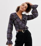 Collusion Wrap Blouse With Ruffle In Check - Multi