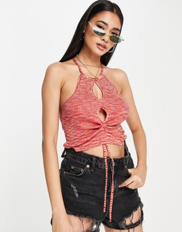 Asos Design Knitted Crop Top With Ruching And Cut Out Front Detail In Space Dye-red