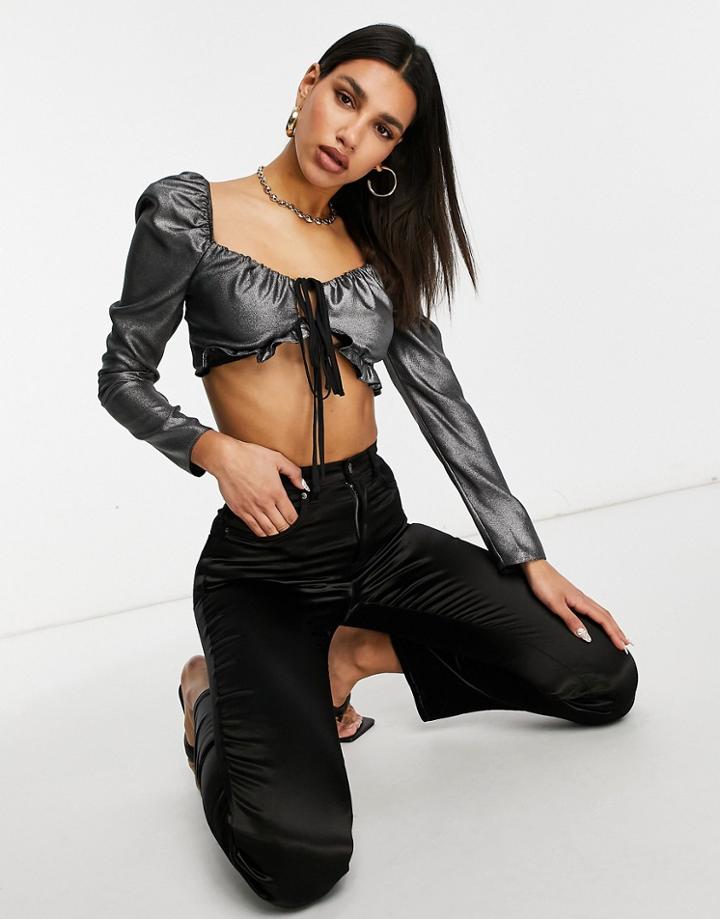 Asos Design Long Sleeve Metallic Crop Top With Tie Front-black