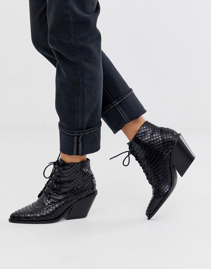 Glamorous Black Snake Effect Lace Up Western Boots
