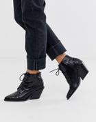Glamorous Black Snake Effect Lace Up Western Boots
