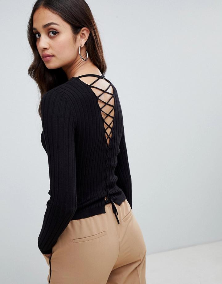 Bershka Lattice Back Cropped Sweater - Black