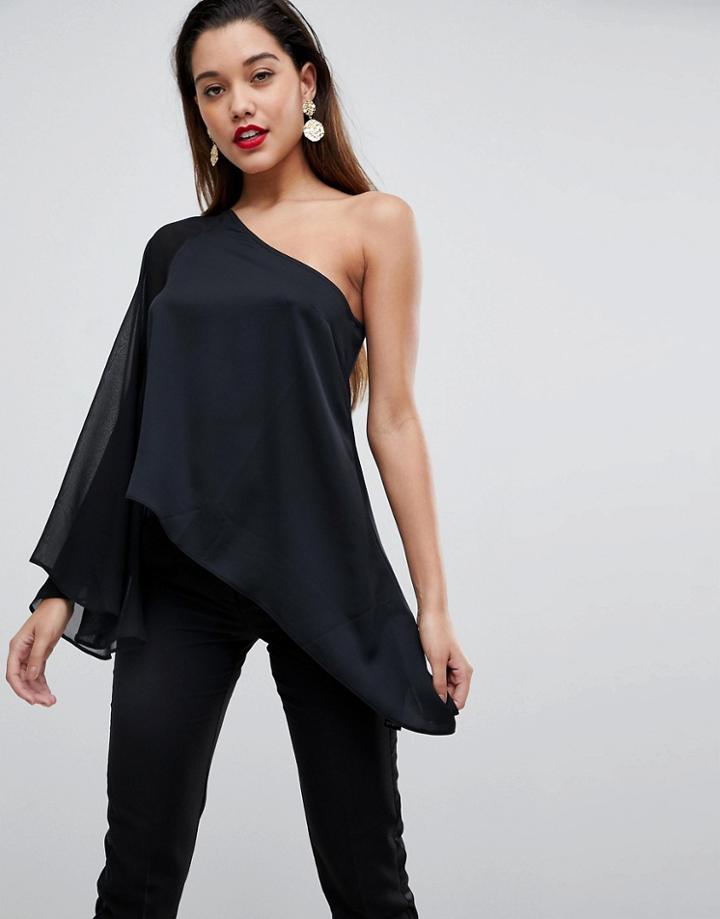 Asos One Shoulder Satin And Sheer Top - Black