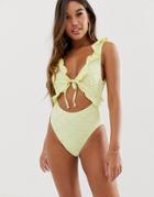 Asos Design Broderie Frill Pretty Plunge Swimsuit In Yellow - Yellow
