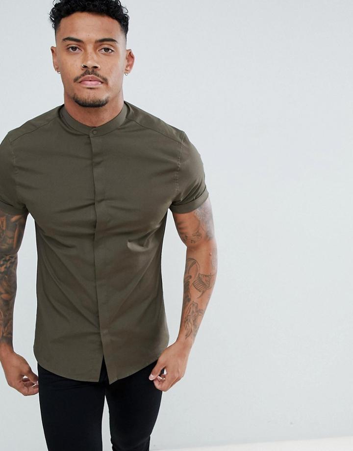 Asos Design Skinny Shirt With Grandad Collar In Khaki - Green