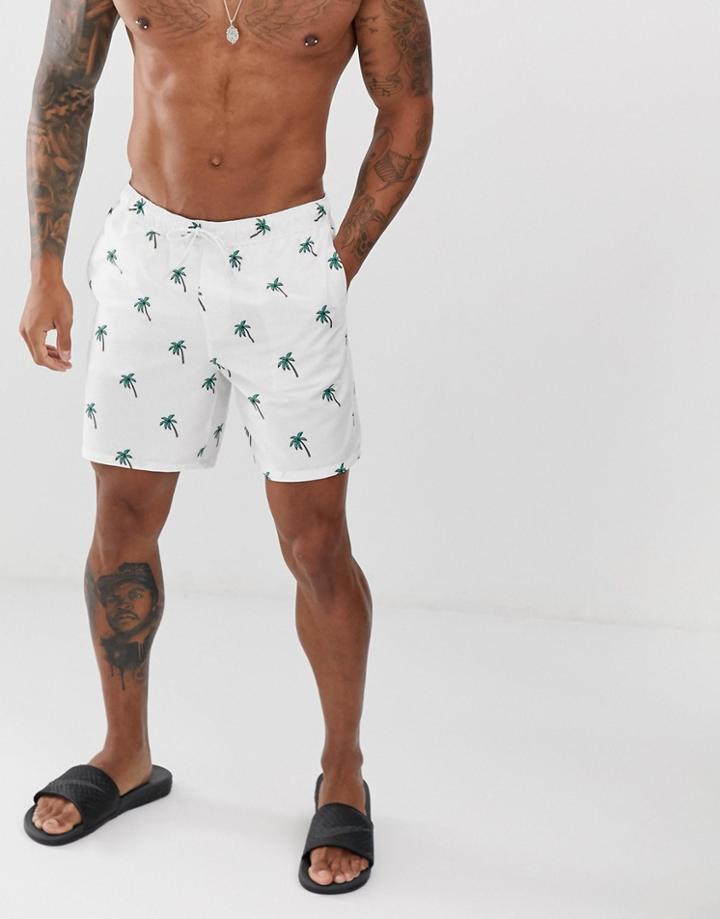 Asos Design Swim Shorts In Ditsy Palm Tree Print Mid Length - White