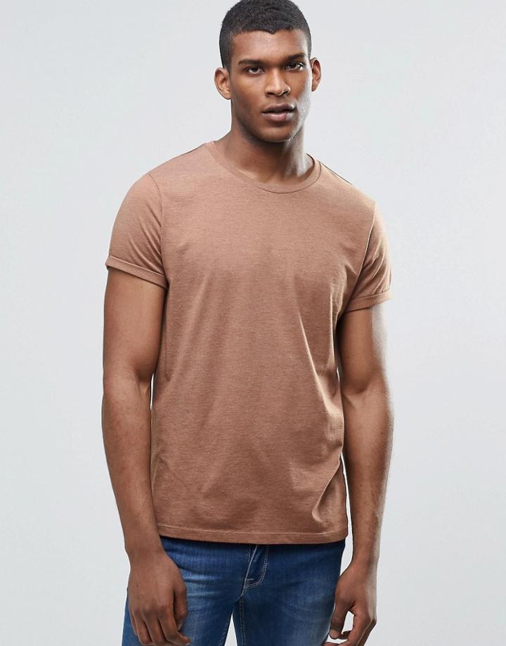 Asos T-shirt With Roll Sleeve In Brown Marl - Auburn Marl