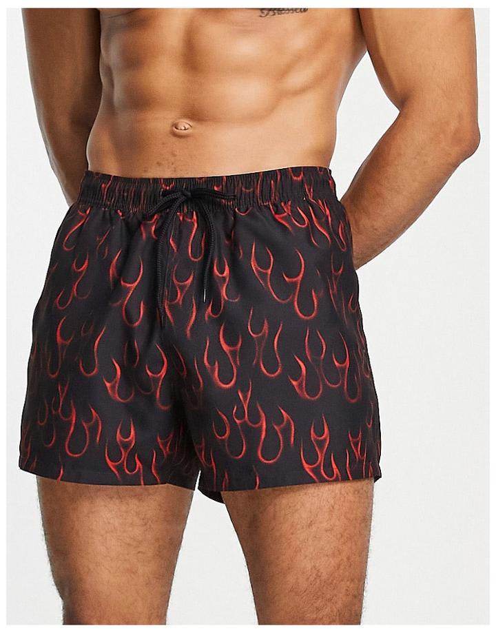 Asos Design Swim Shorts With Flame Print Short Length-black