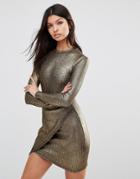 Club L Asymmetric Long Sleeve Detail Dress In Metallic Rib - Gold