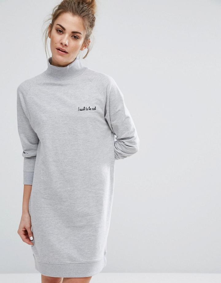Daisy Street Oversized Sweat Dress With High Neck & Embroidery - White