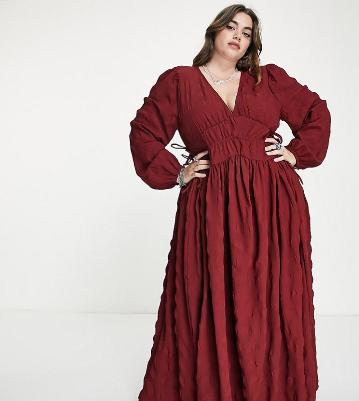 Asos Design Curve Gathered Waist Maxi Dress In Seersucker In Burnt Rust-brown