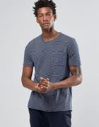 Celio Crew Neck Pocket T-shirt In Mixed Yarn Stripe - Navy