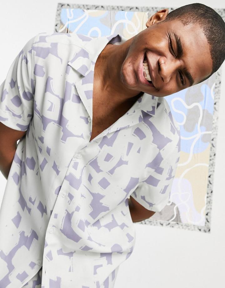 Asos Design Matching Relaxed Revere Shirt In Lilac And Gray Pattern-purple