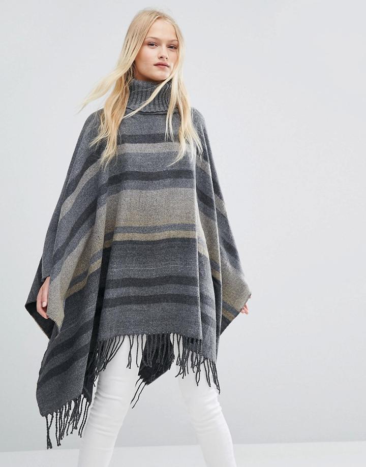 Qed London Striped Roll Neck Cape With Tassel Detail - Gray
