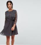 Elise Ryan Petite Ruched Waist Lace Midi Dress With 3/4 Length Sleeve-gray