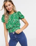 Miss Selfridge Puff Sleeve Tea Blouse In Green Floral