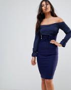 Vesper Long Sleeve Bardot Pencil Dress - Navy