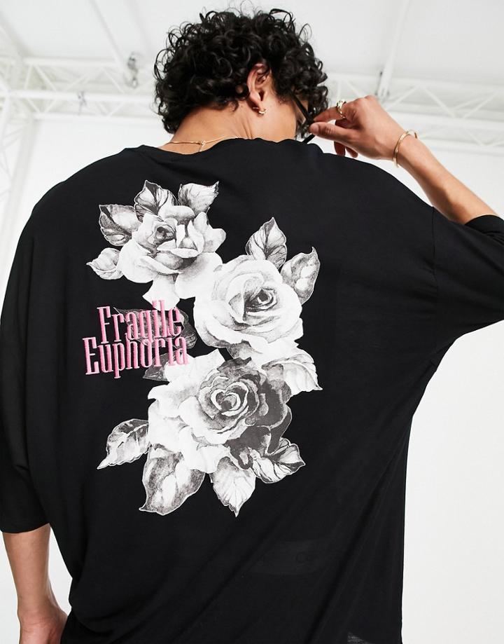 Asos Design Oversized T-shirt In Black With Photographic Floral Back Print-grey