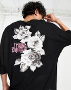 Asos Design Oversized T-shirt In Black With Photographic Floral Back Print-grey