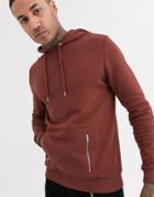 Asos Design Hoodie In Brown With Silver Zip Pockets