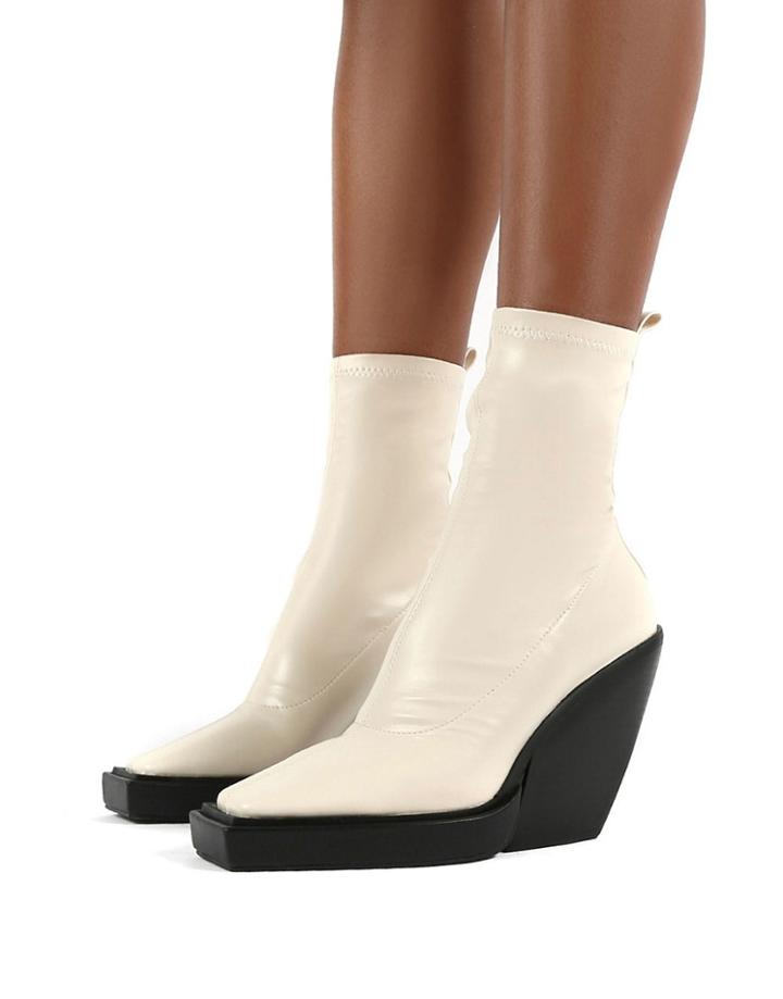 Public Desire Rae Pull On Boots With Metal Detail In Bone-white