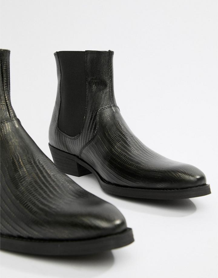 Asos Design Stacked Heel Boots In Black Leather With Snake Texture - Black