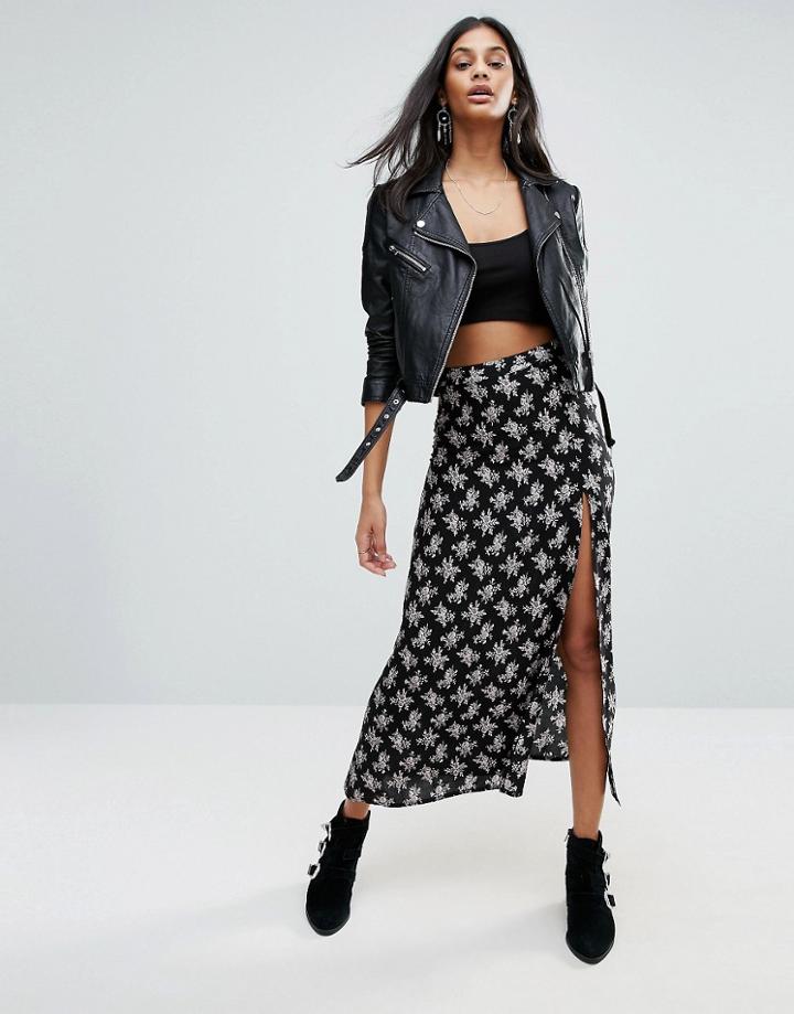 Raga Moon Flower Print Maxi Skirt - Black