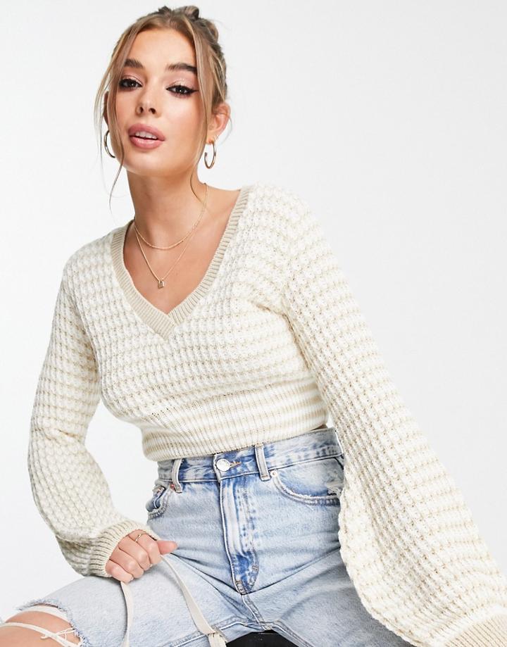 In The Style X Dani Dyer Textured Volume Sleeve Crochet Sweater In Stone-neutral