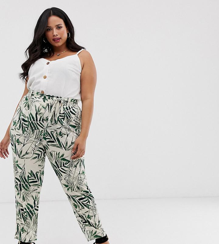 Asos Design Curve Tie Waist Peg Pants In Tropical Palm Print