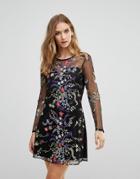 Rd & Koko Long Sleeve Mesh Overlay Dress With Floral Embroidery - Black