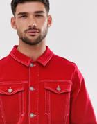 Pull & Bear Denim Jacket With Contrast Stitching In Red - Red