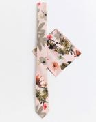 Asos Design Wedding Slim Tie & Pocket Sqaure In Pink Floral Print - Pink