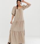 Asos Design Tall Tiered Maxi Dress In Stripe With Puff Sleeve - Multi