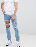 Asos Design Slim Jeans In Mid Wash Blue With Heavy Rips - Blue