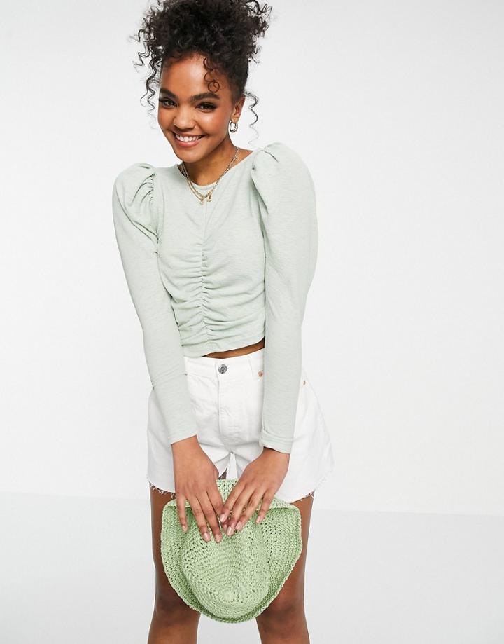 Miss Selfridge Long Sleeve Textured Ruched Front Top In Green