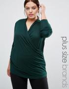 Junarose Long Sleeve Wrap Front Jersey Top - Green