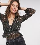 Asos Design Tall Long Sleeve Sheer Top With Shirred Waist And Tie Detail In Rose Floral Print-multi