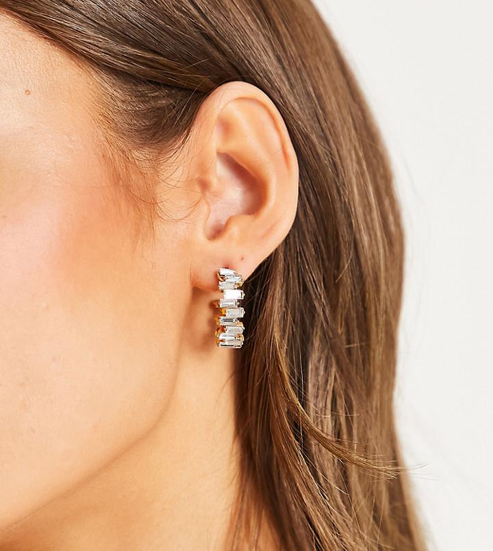 Asos Design 14k Gold Plated Hoop Earrings With Baguette Crystal Design