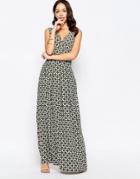 Closet V-neck Maxi Dress In Geo Print - Khaki